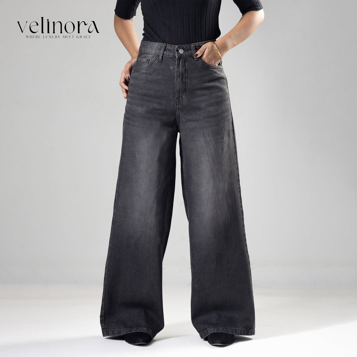 Classic Ash Black High Waist Wide Leg Soft Denim (1006)