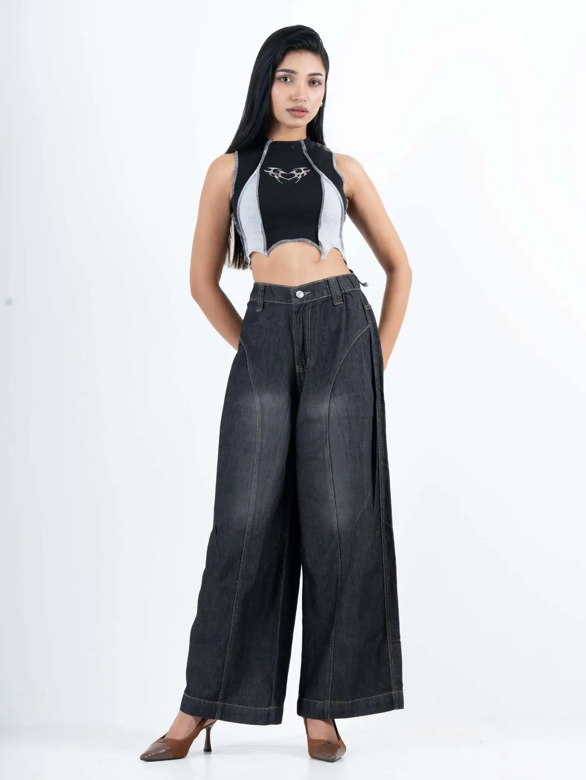 Super Baggy Waist Elastic Jeans – Ash Black (1038)