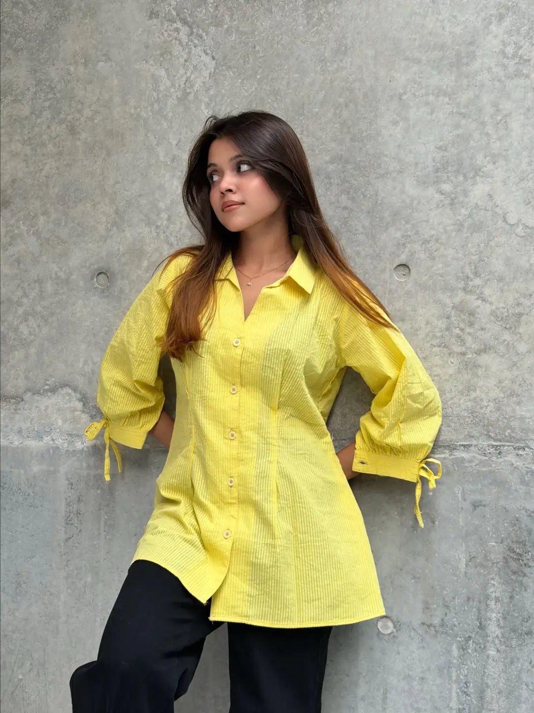 Fitted Waist Puff Sleeve – Light Yellow Shirt (201)