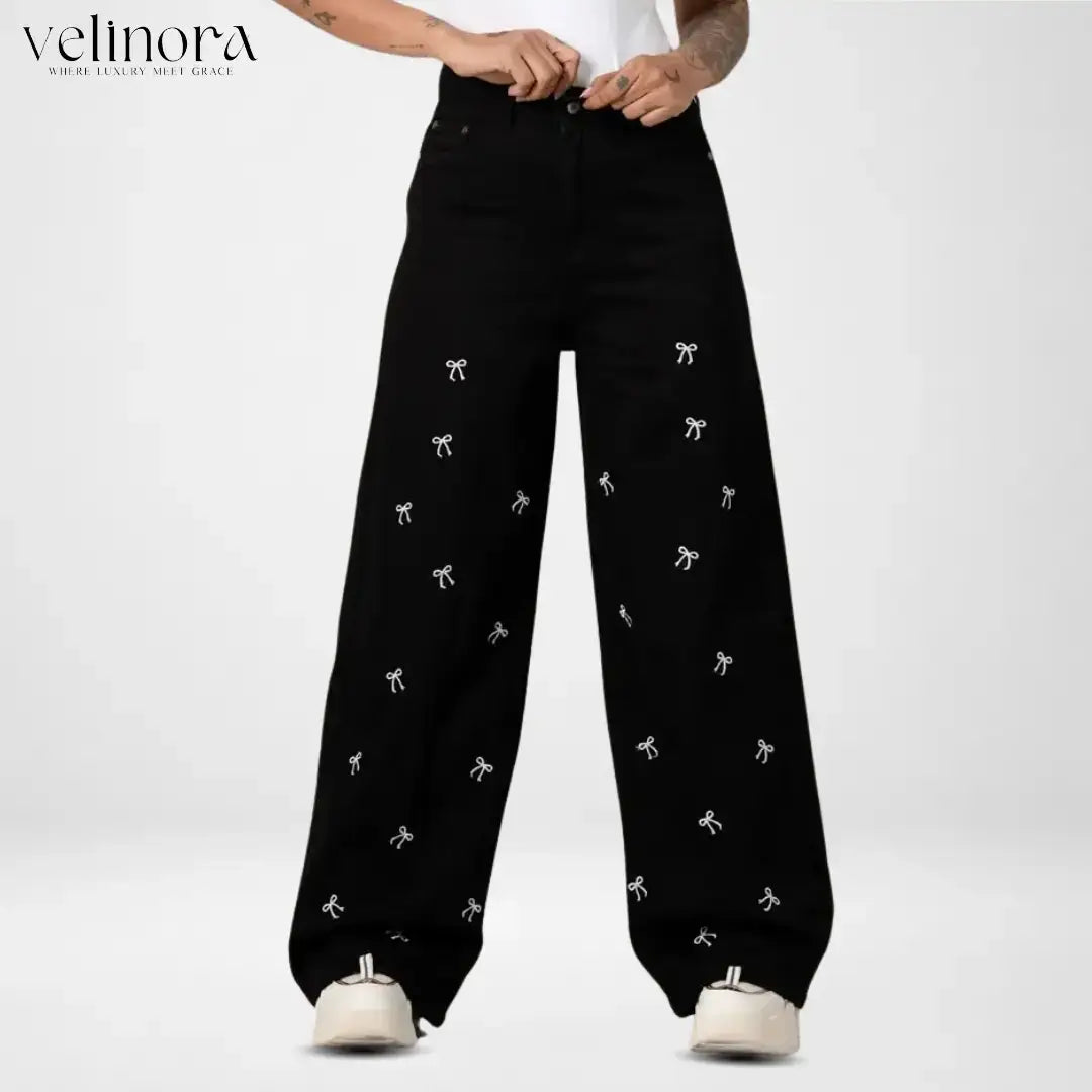 Classic White Bow Embroidery Wide Leg Denim Black (1003)