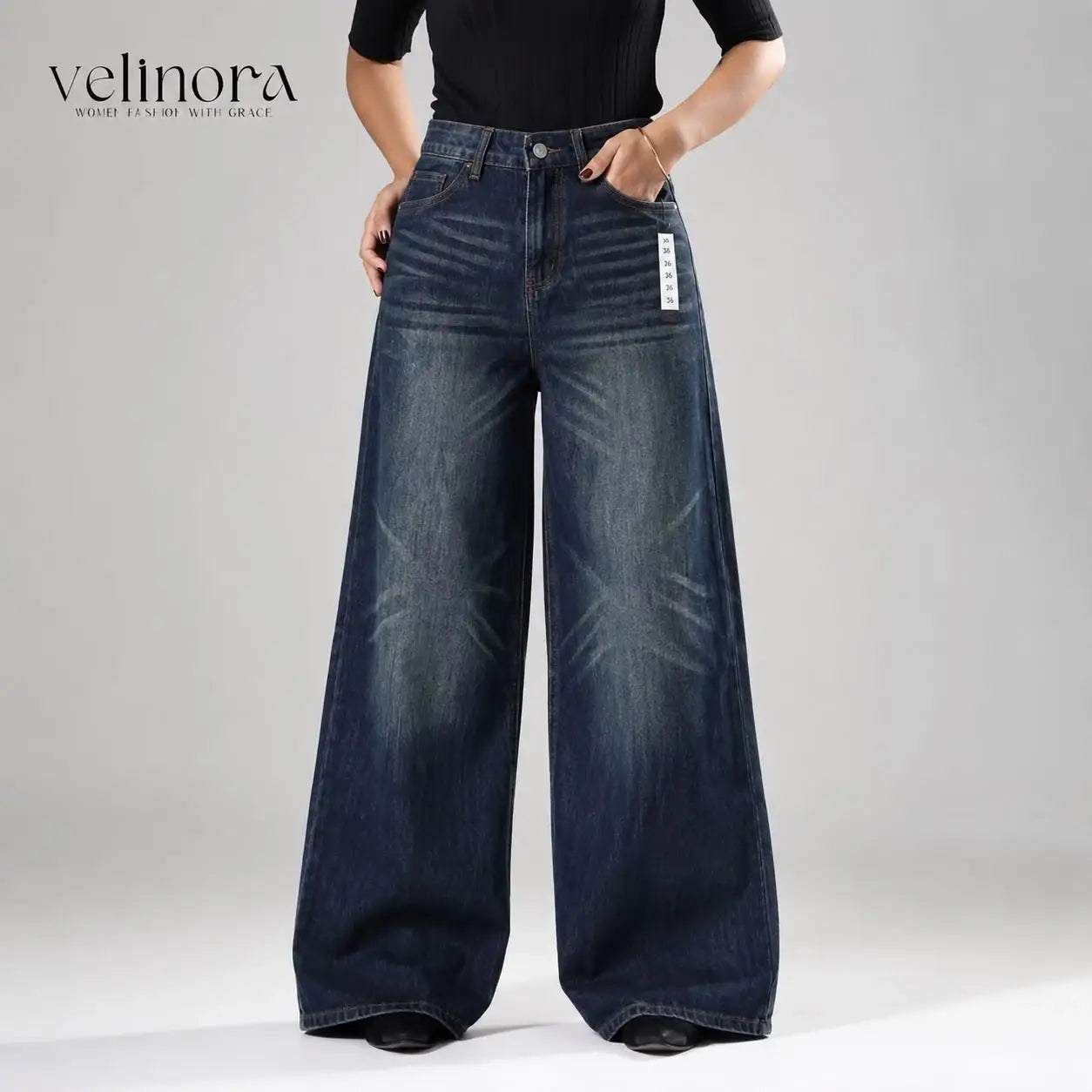 Classic Dark Tint Blue High Waist Wide Leg Soft Denim (1004)