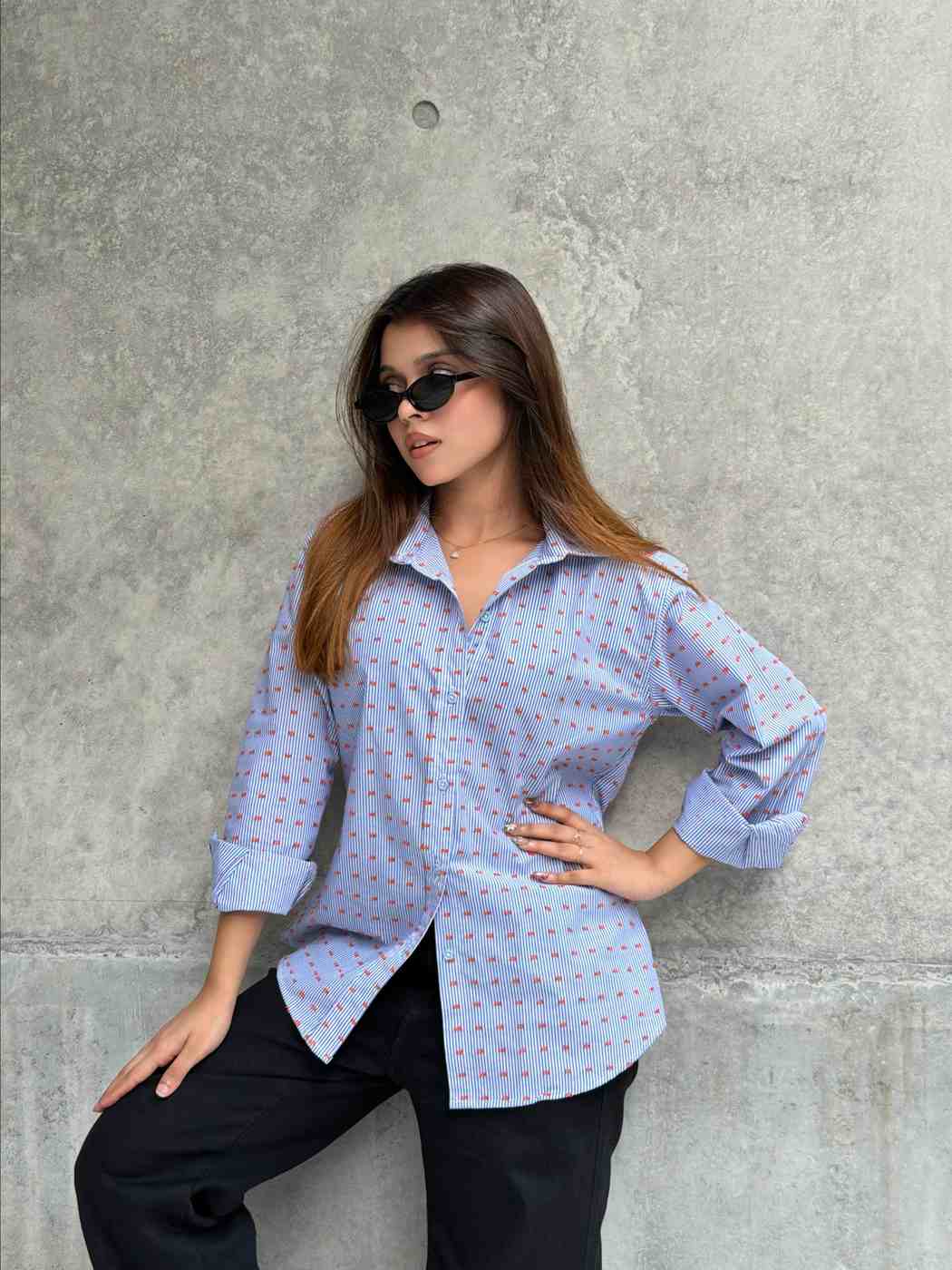 Orange Blue Two-Way Button Stripe Shirt (205)