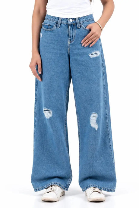 Sky Blue Ripped Baggy Wide-Leg Jeans (1037)