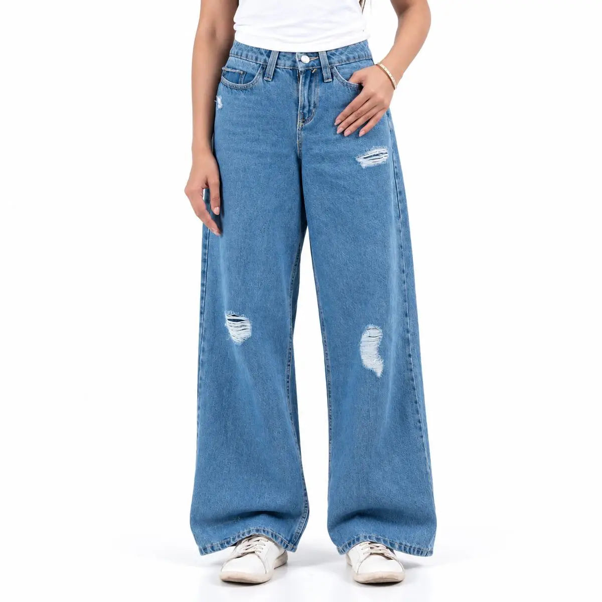 Sky Blue Ripped Baggy Wide-Leg Jeans (1037)