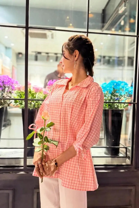 Fitted Waist Puff Sleeve striped Top, Suitable For Women – Soft Pink (201)