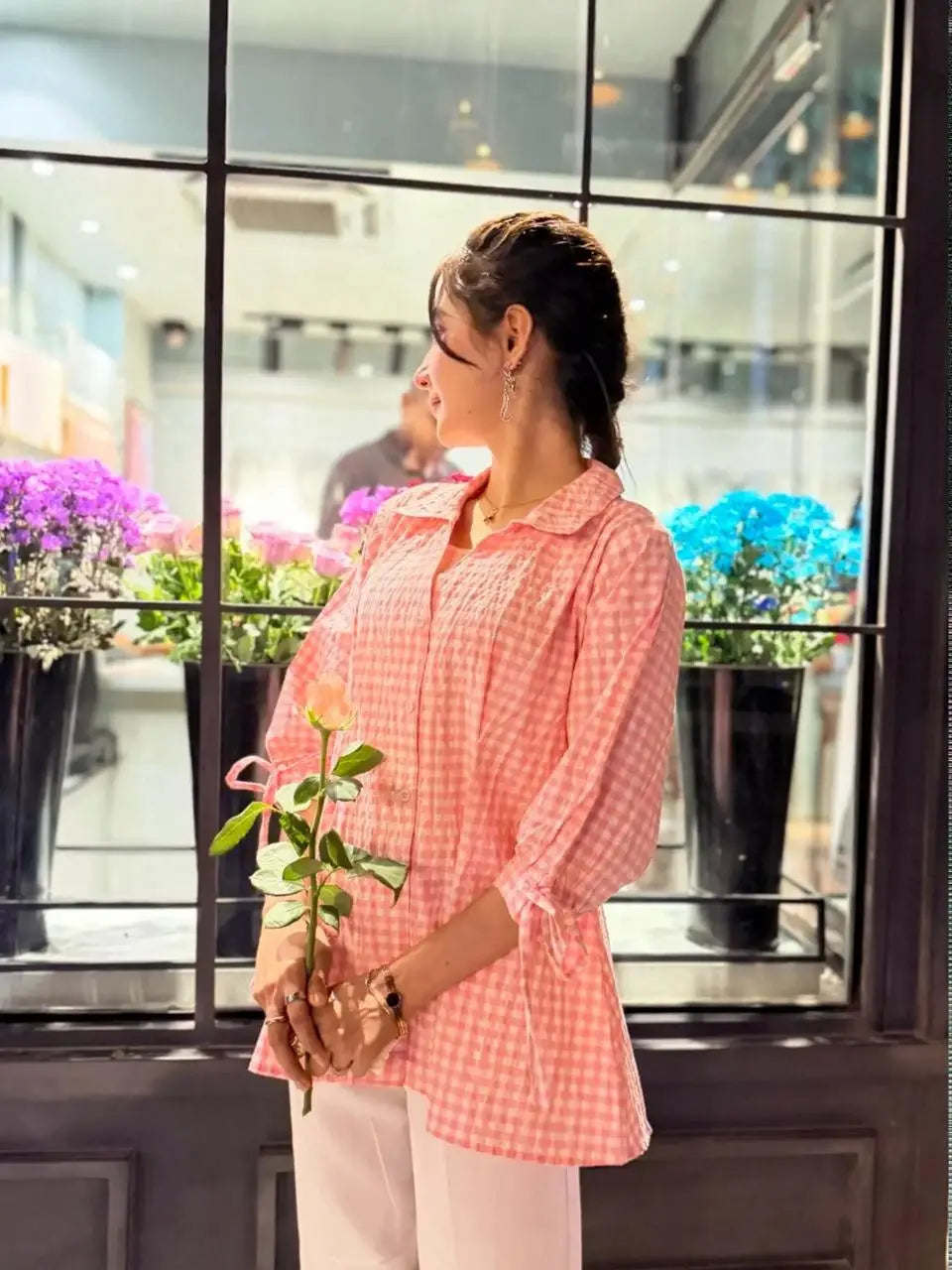 Fitted Waist Puff Sleeve striped Top, Suitable For Women – Soft Pink (201)