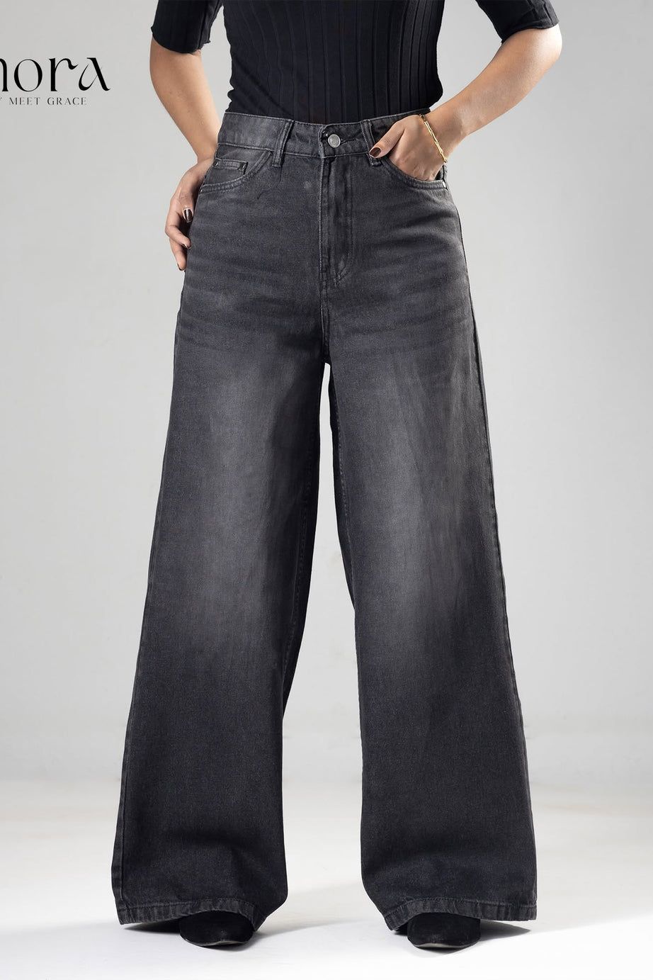 Classic Ash Black High Waist Wide Leg Soft Denim (1006)