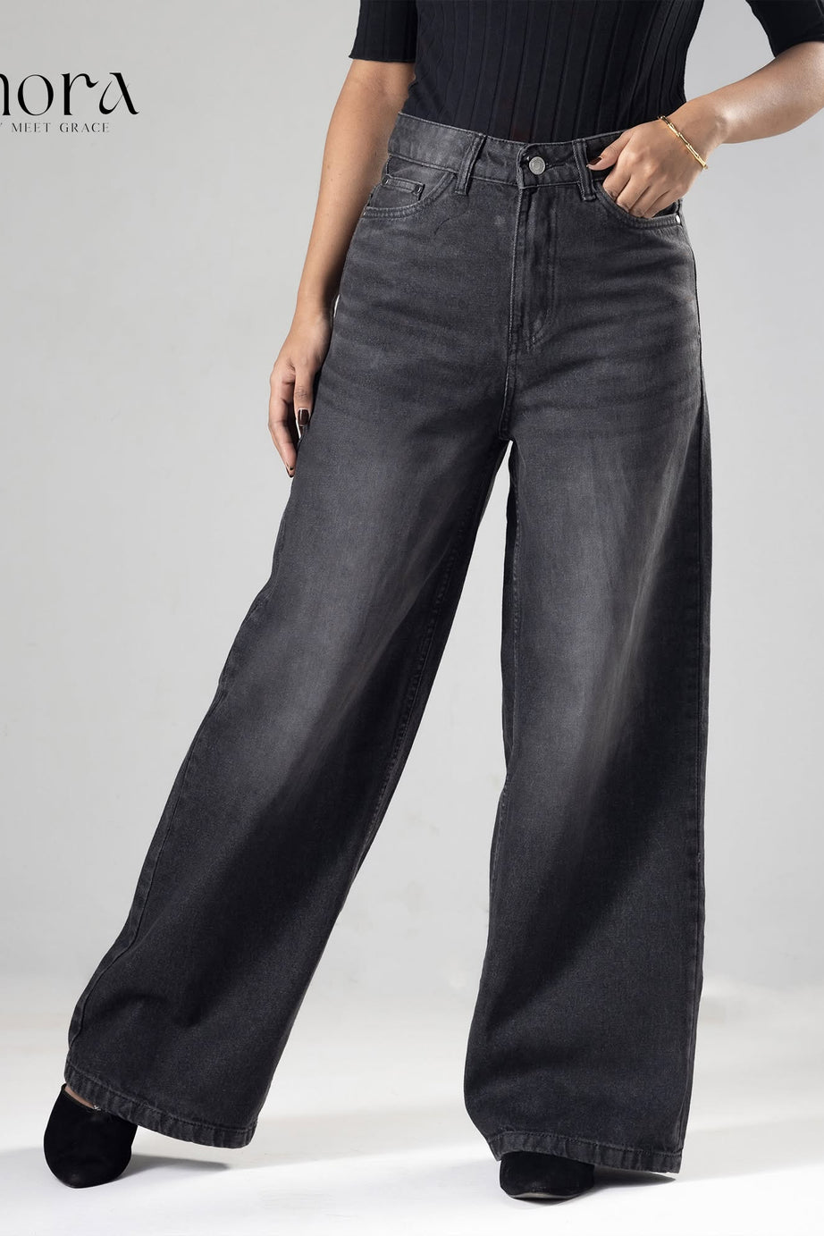 Classic Ash Black High Waist Wide Leg Soft Denim (1006)