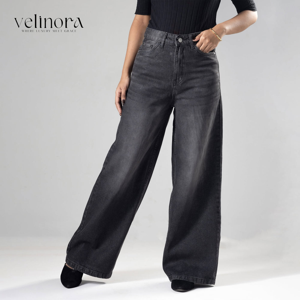 Classic Ash Black High Waist Wide Leg Soft Denim (1006)