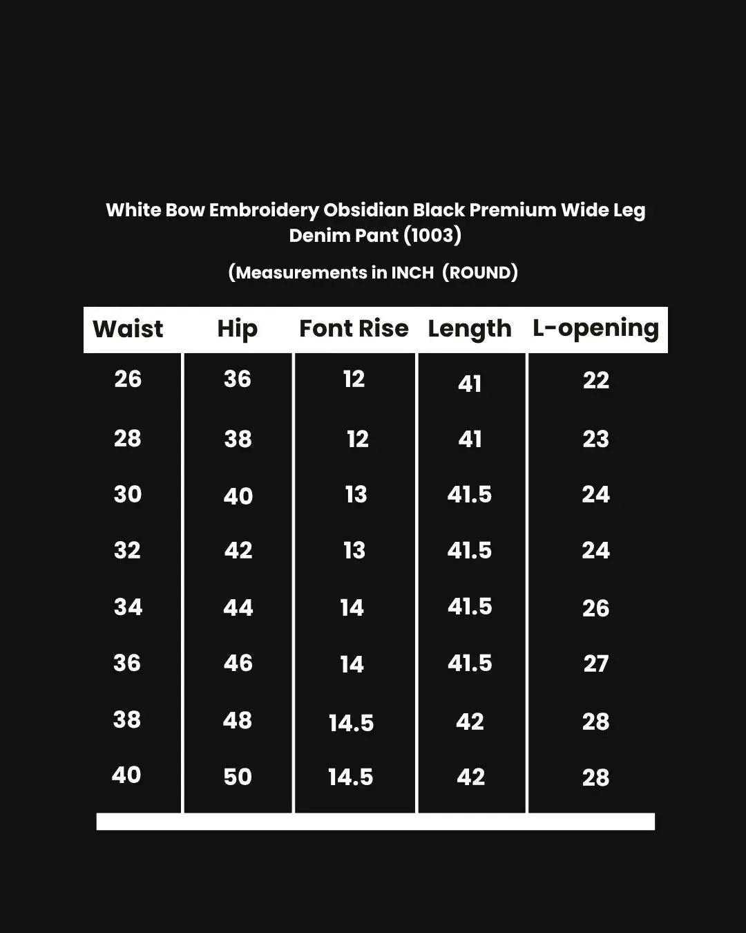 Classic White Bow Embroidery Wide Leg Denim Black (1003)
