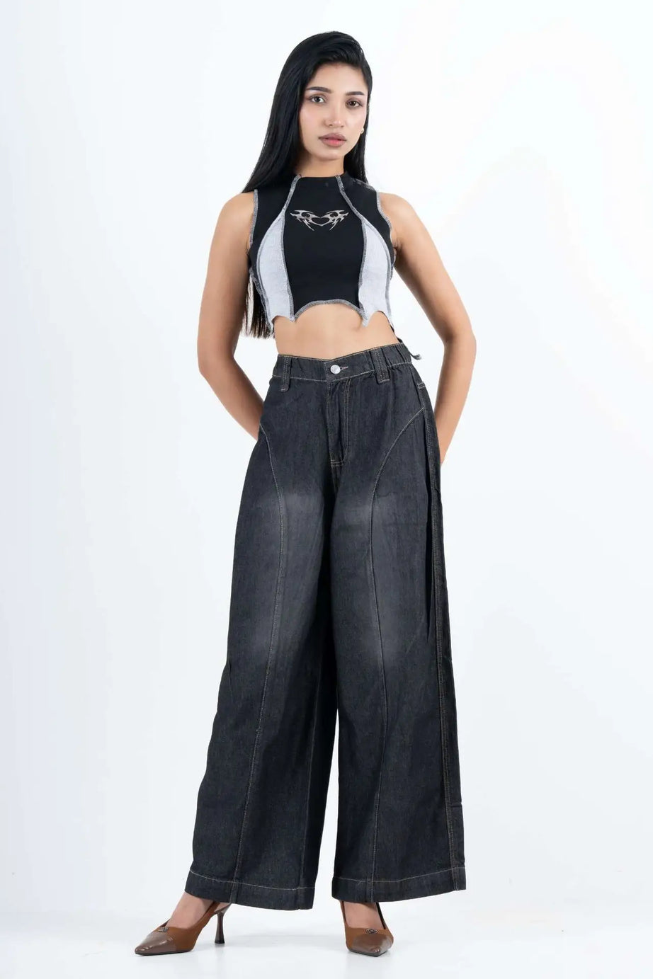 Super Baggy Waist Elastic Jeans – Ash Black (1038)
