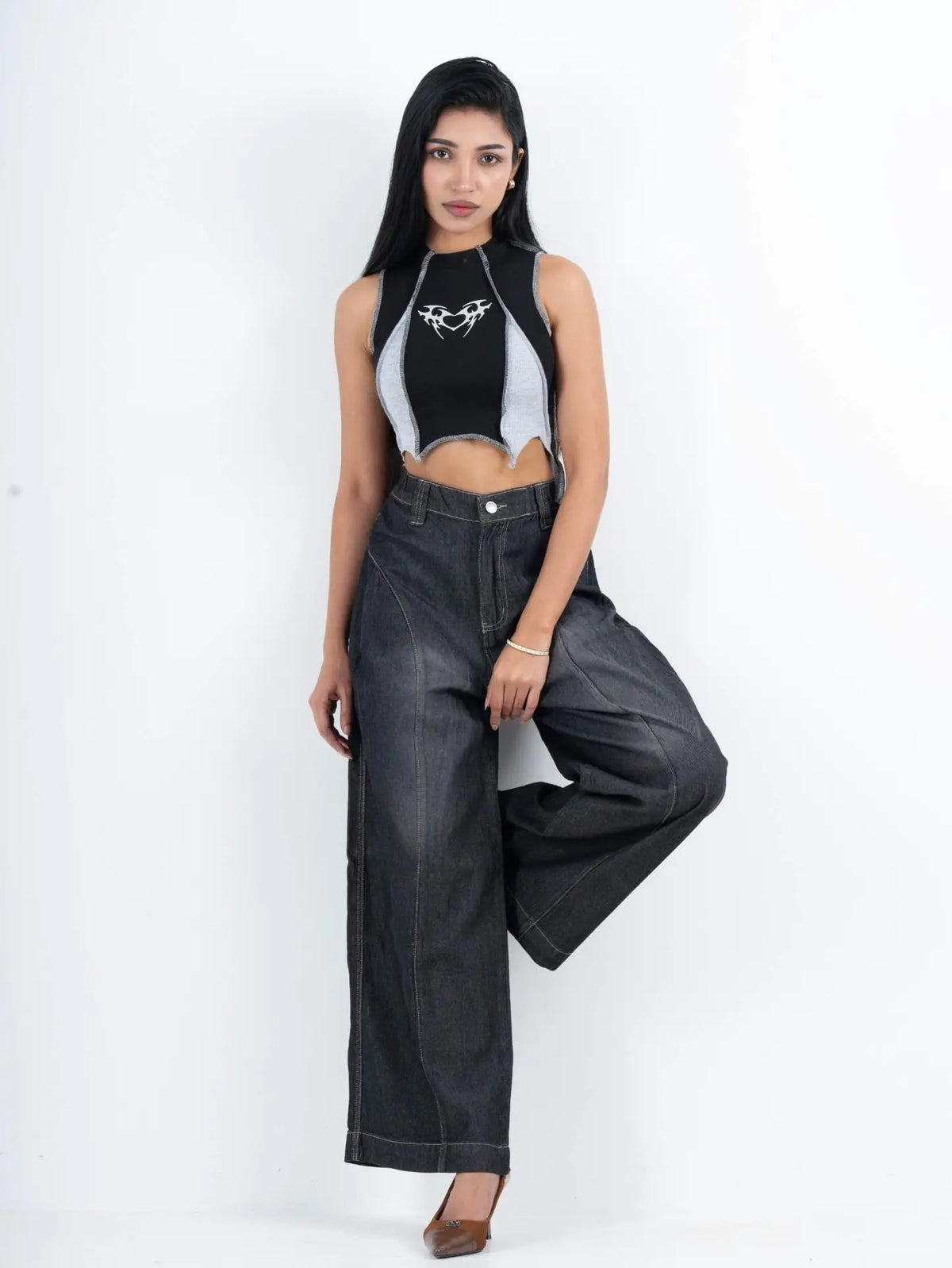 Super Baggy Waist Elastic Jeans – Ash Black (1038)