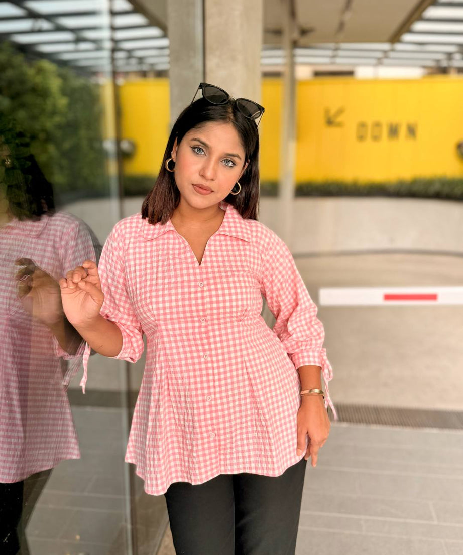 Gingham Tie Sleeve Shirt – (203)