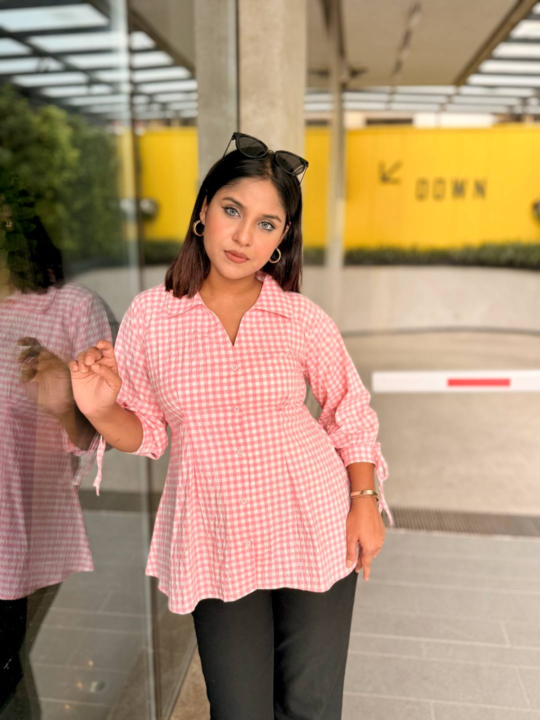 Gingham Tie Sleeve Shirt – (203)