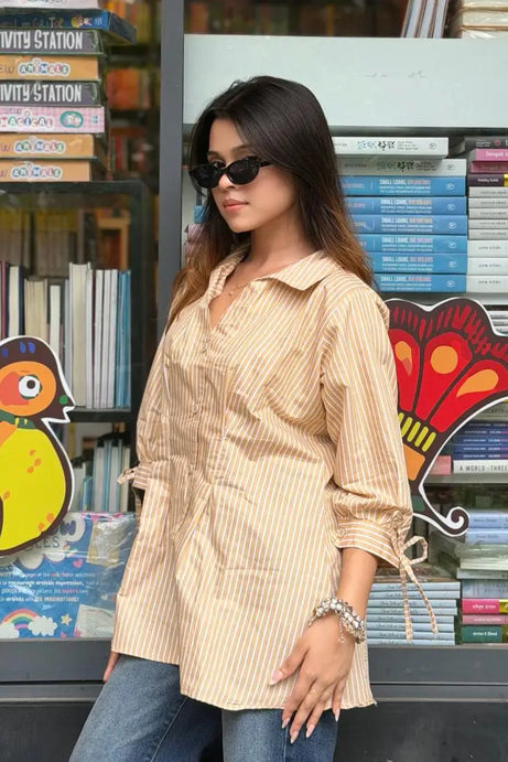 Fitted Waist Puff Sleeve - Brown White Stripe (201)