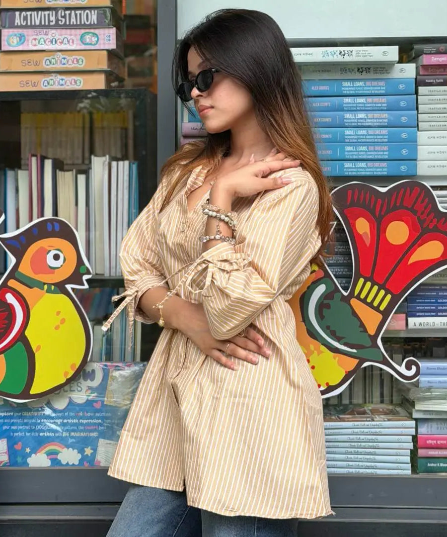 Fitted Waist Puff Sleeve - Brown White Stripe (201)