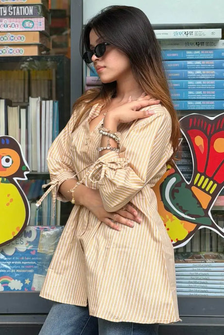 Fitted Waist Puff Sleeve - Brown White Stripe (201)