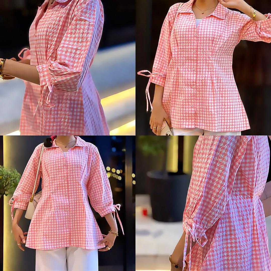 Fitted Waist Puff Sleeve striped Top, Suitable For Women – Soft Pink (201)