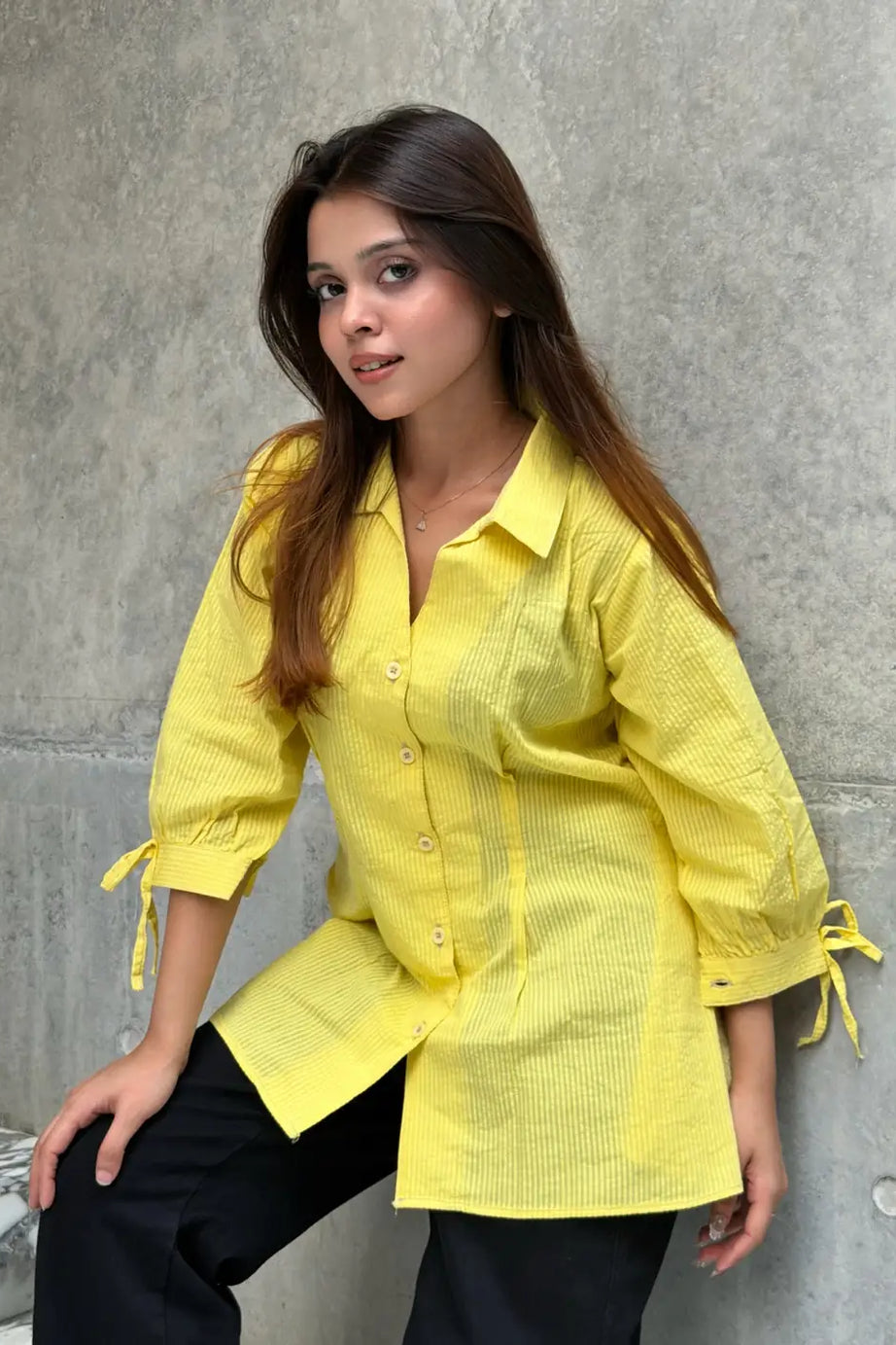 Fitted Waist Puff Sleeve – Light Yellow Shirt (201)