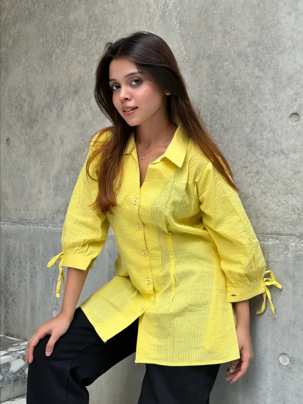 Fitted Waist Puff Sleeve – Light Yellow Shirt (201)