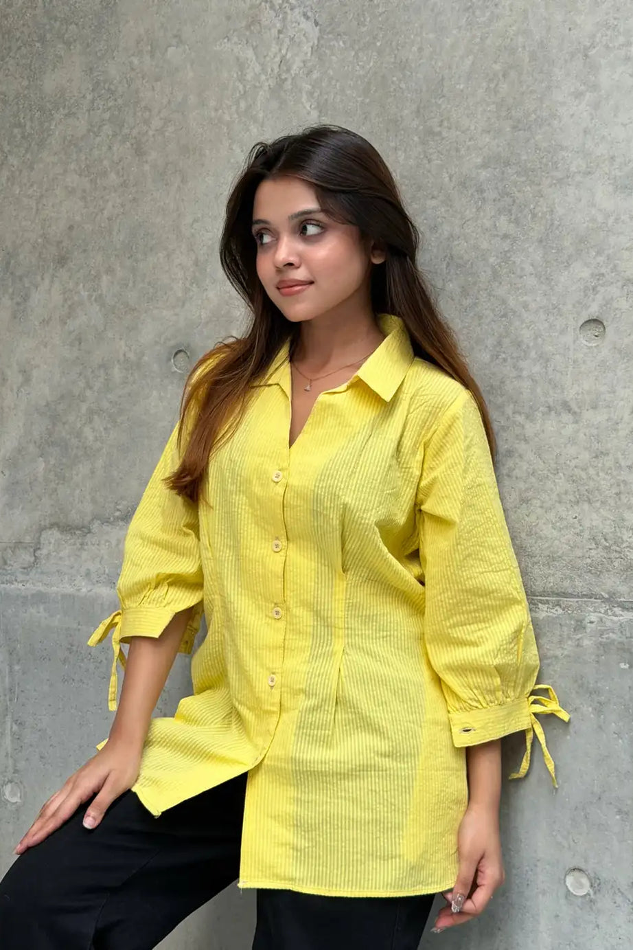 Fitted Waist Puff Sleeve – Light Yellow Shirt (201)