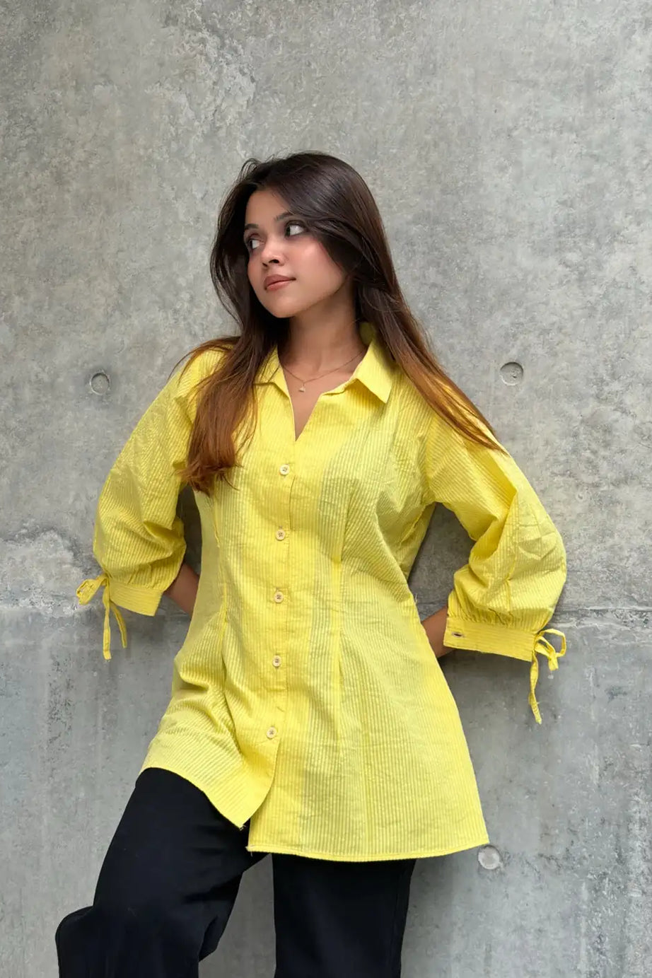Fitted Waist Puff Sleeve – Light Yellow Shirt (201)