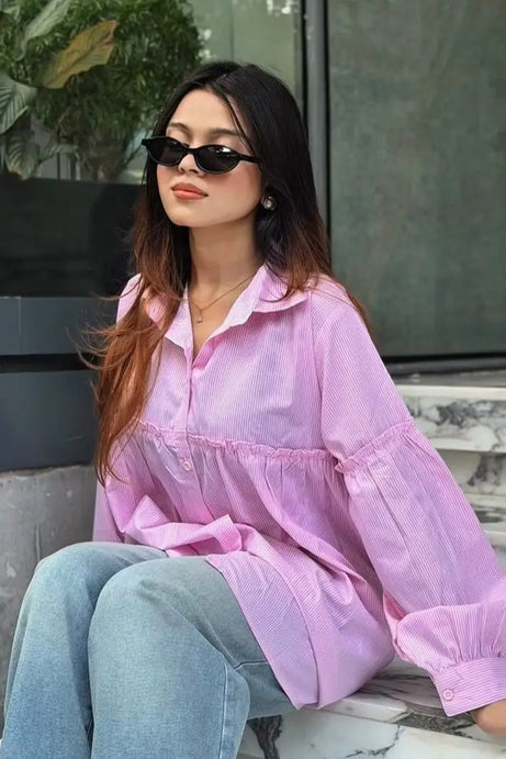 Pinstripe Gathered Shirt Pink (204)