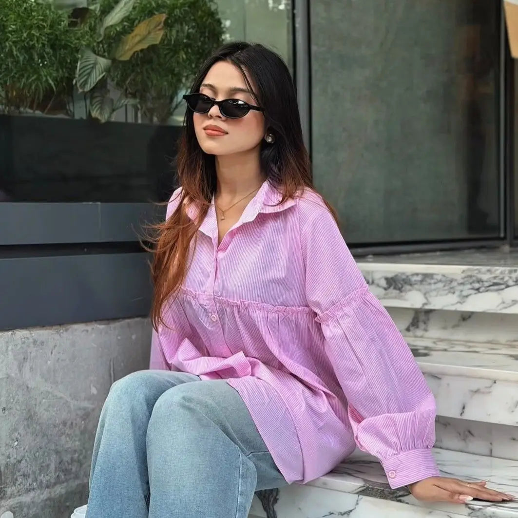 Pinstripe Gathered Shirt Pink (204)