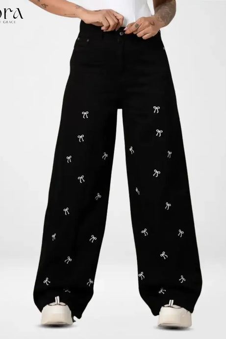 Classic White Bow Embroidery Wide Leg Denim Black (1003)