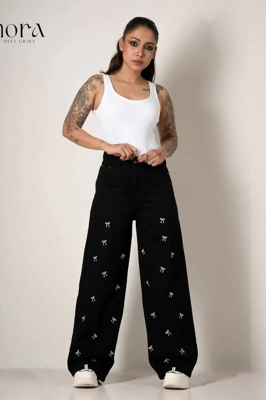 Classic White Bow Embroidery Wide Leg Denim Black (1003)