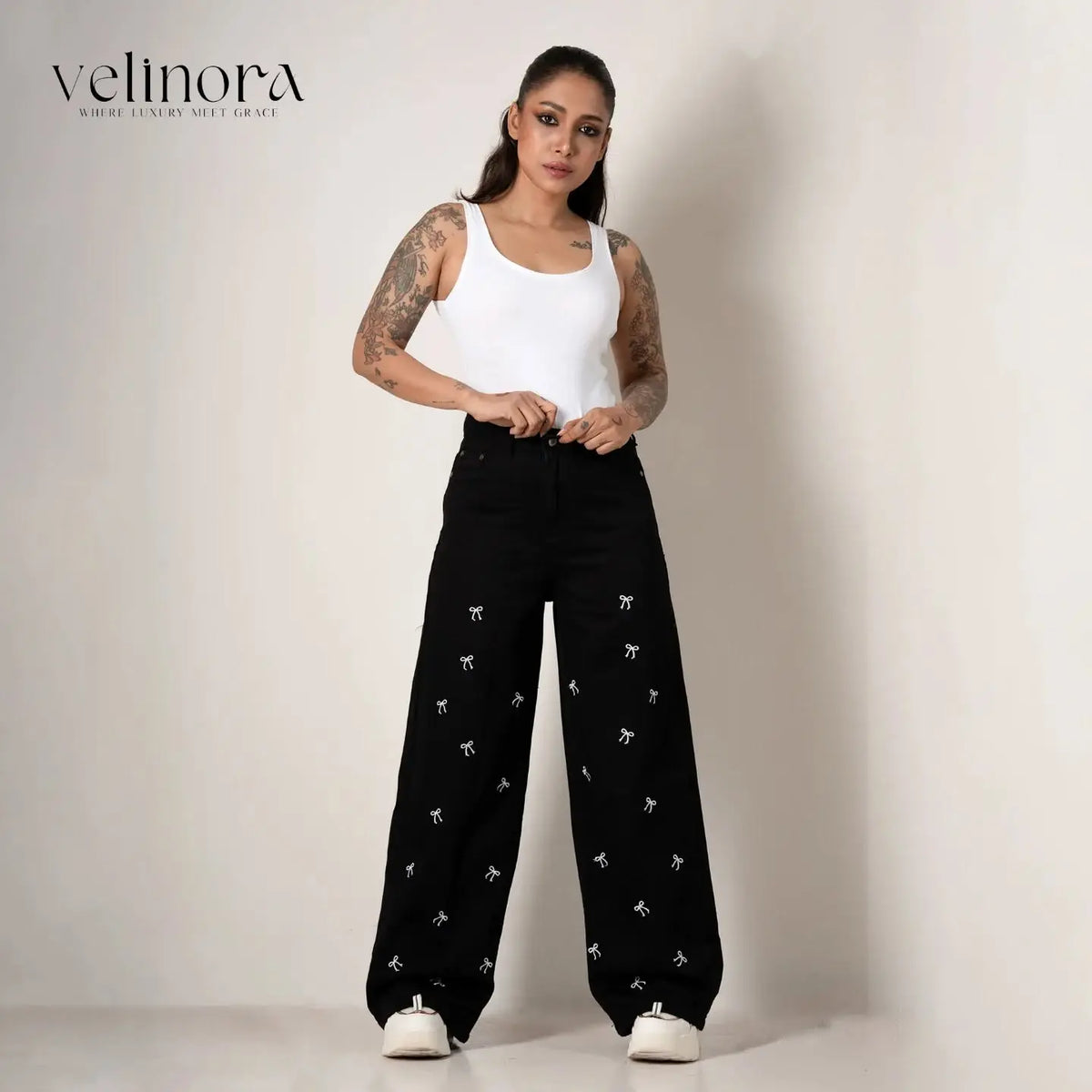 Classic White Bow Embroidery Wide Leg Denim Black (1003)