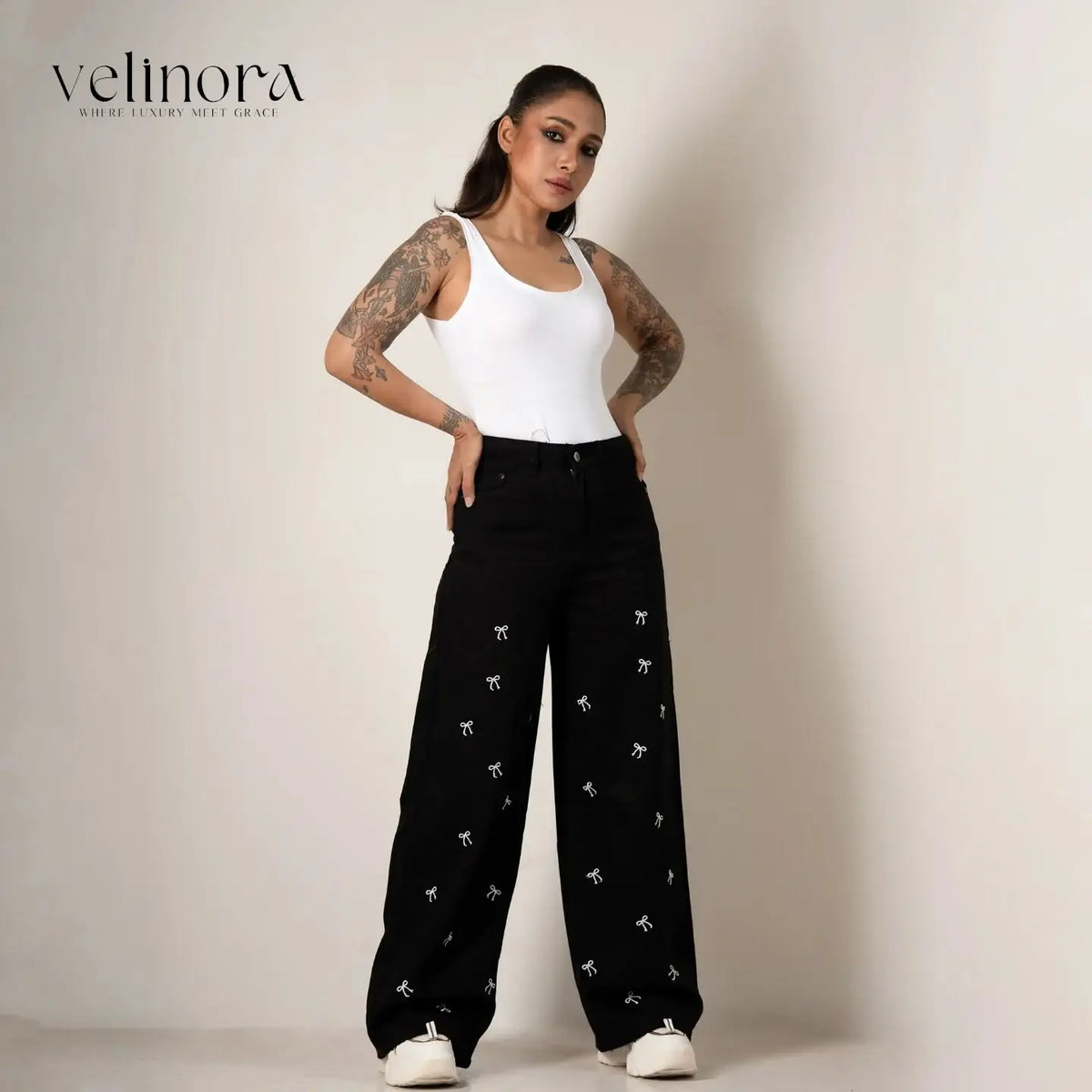 Classic White Bow Embroidery Wide Leg Denim Black (1003)
