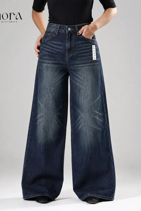 Classic Dark Tint Blue High Waist Wide Leg Soft Denim (1004)