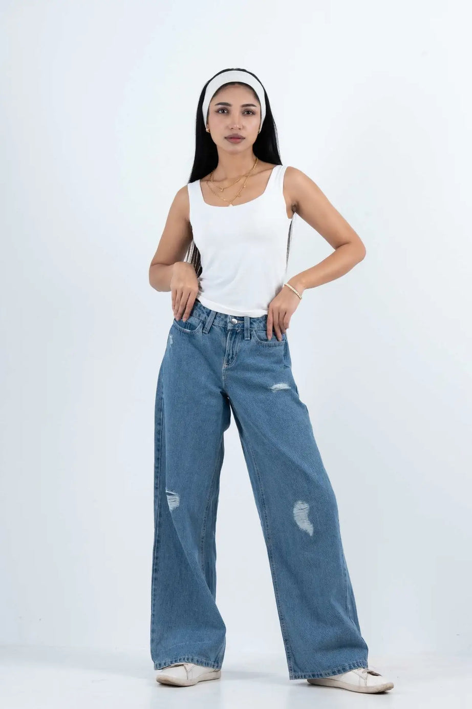 Sky Blue Ripped Baggy Wide-Leg Jeans (1037)