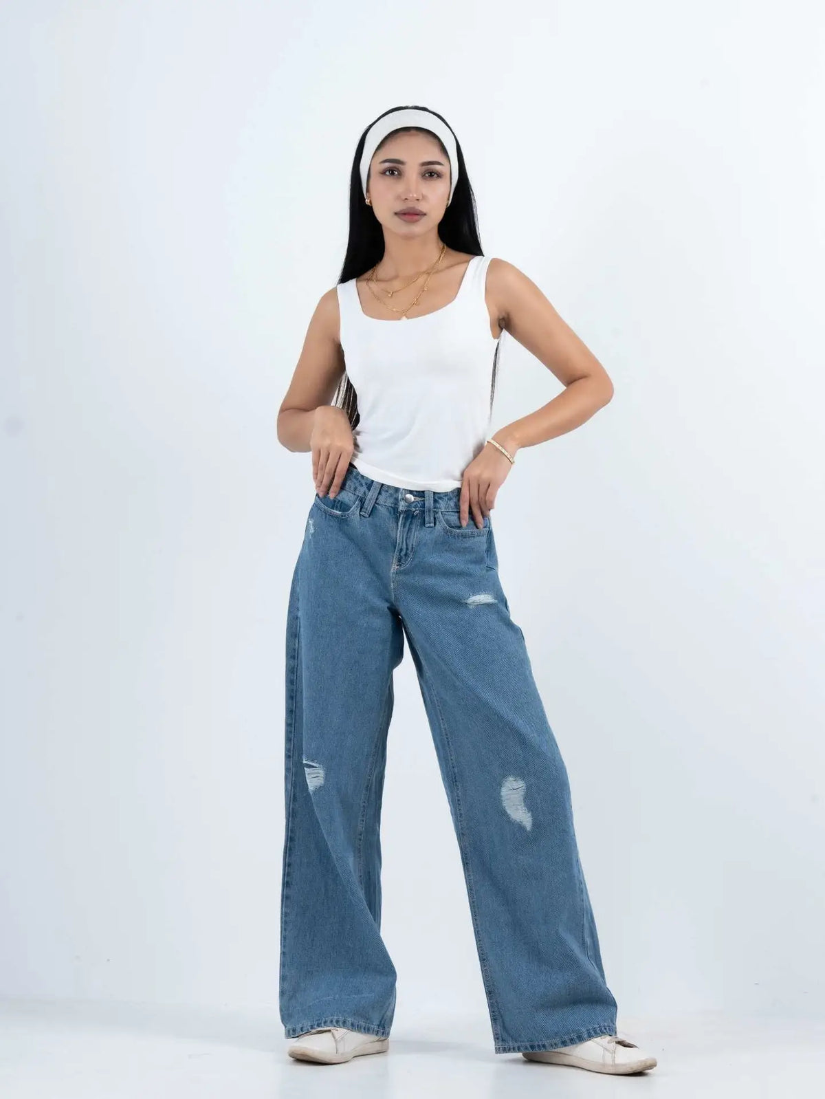 Sky Blue Ripped Baggy Wide-Leg Jeans (1037)