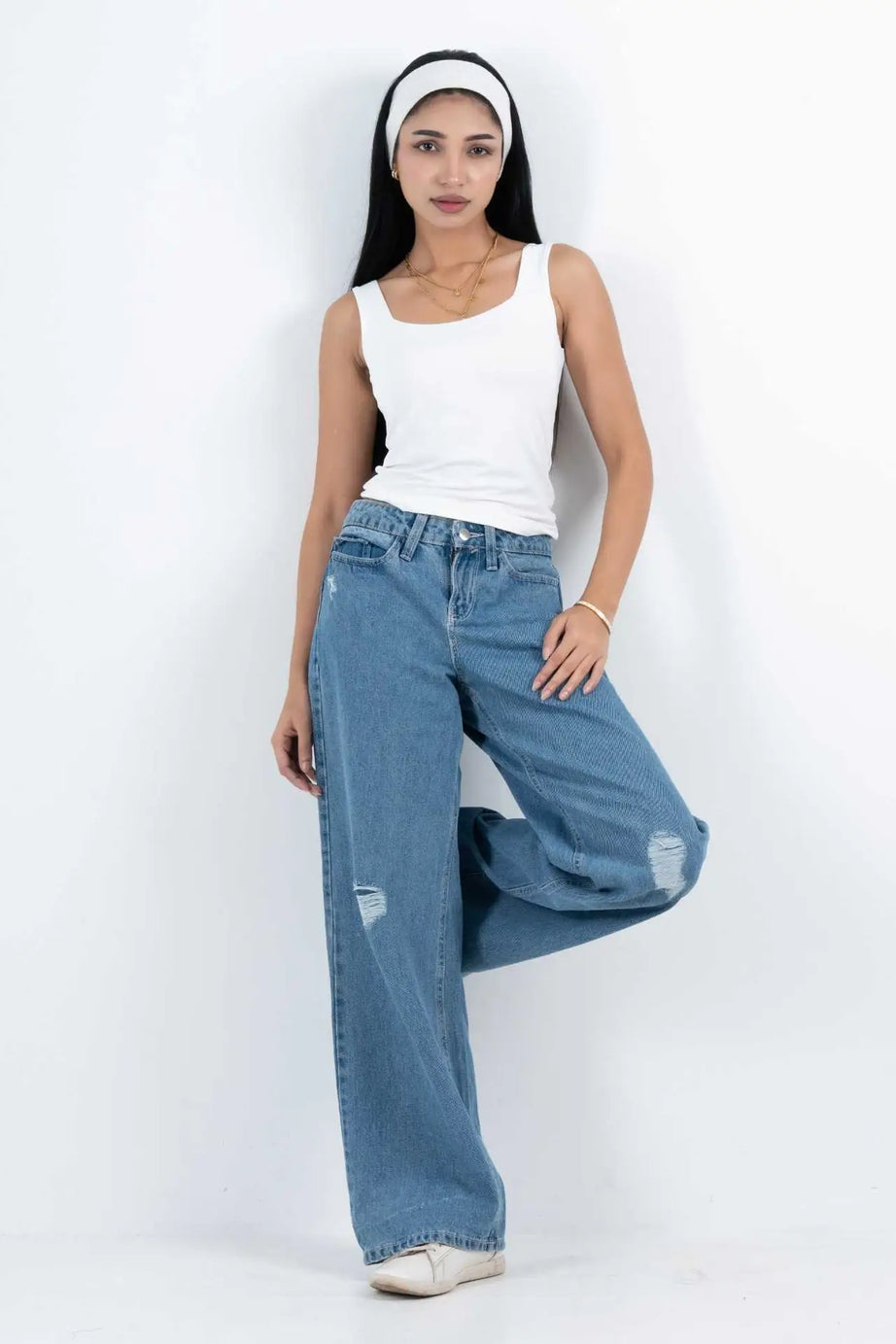Sky Blue Ripped Baggy Wide-Leg Jeans (1037)