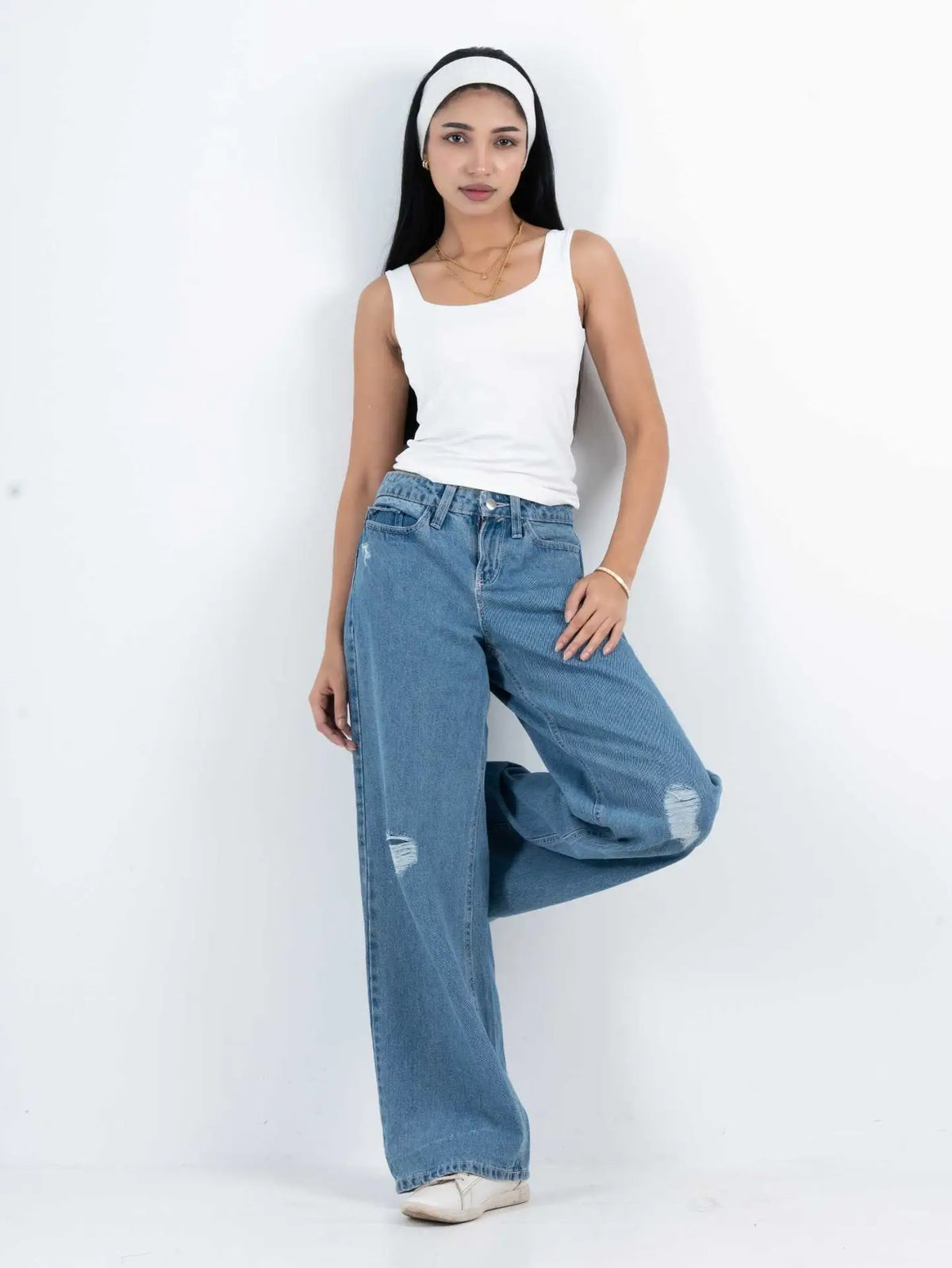 Sky Blue Ripped Baggy Wide-Leg Jeans (1037)