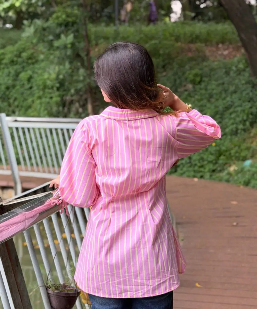 Fitted Waist Puff Sleeve - Pink Yellow Stripe (201)