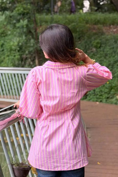 Fitted Waist Puff Sleeve - Pink Yellow Stripe (201)