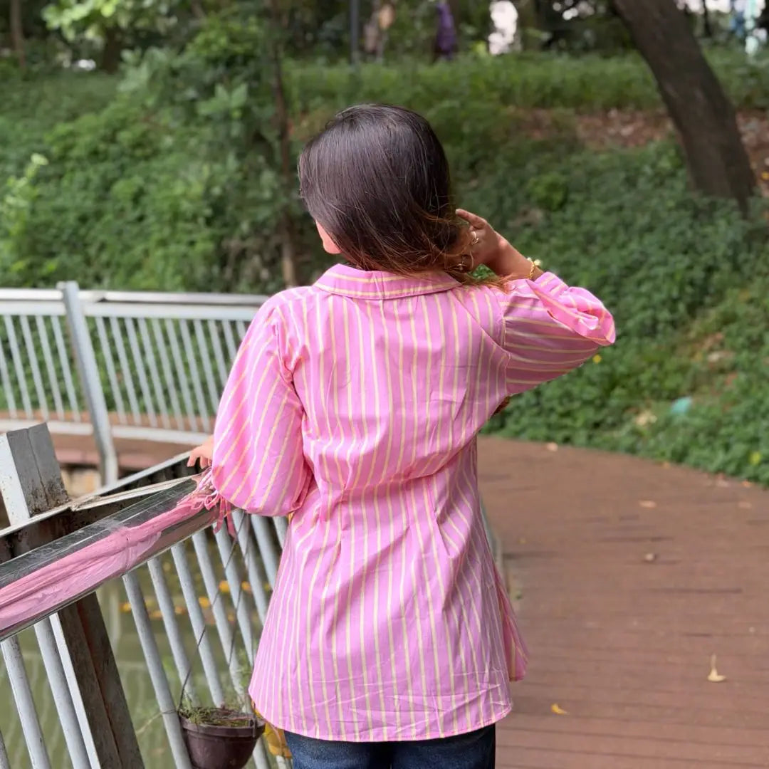 Fitted Waist Puff Sleeve - Pink Yellow Stripe (201)
