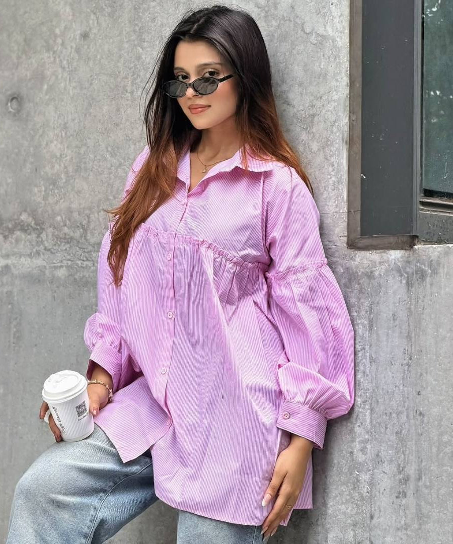 Pink Pinstripe Gathered Shirt(204)