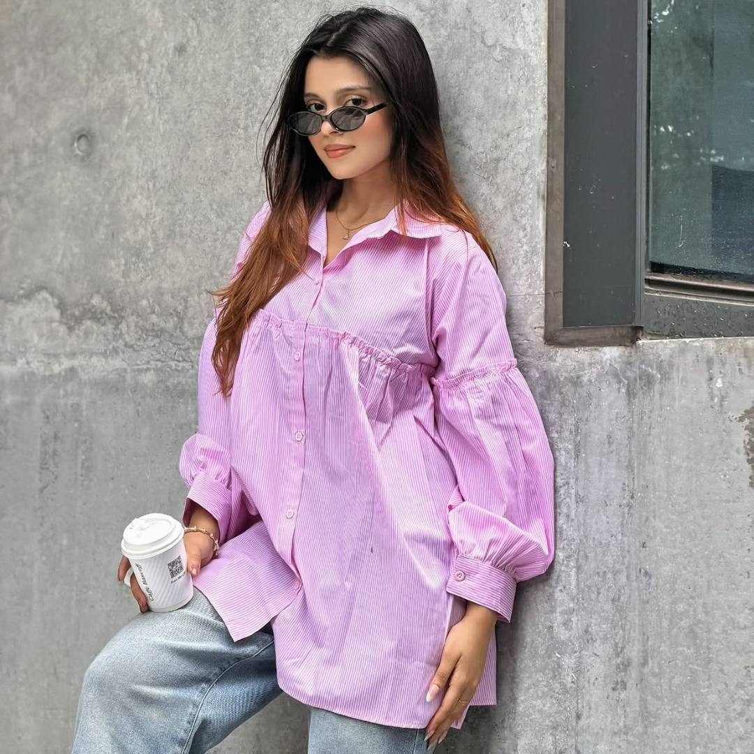Pink Pinstripe Gathered Shirt(204)
