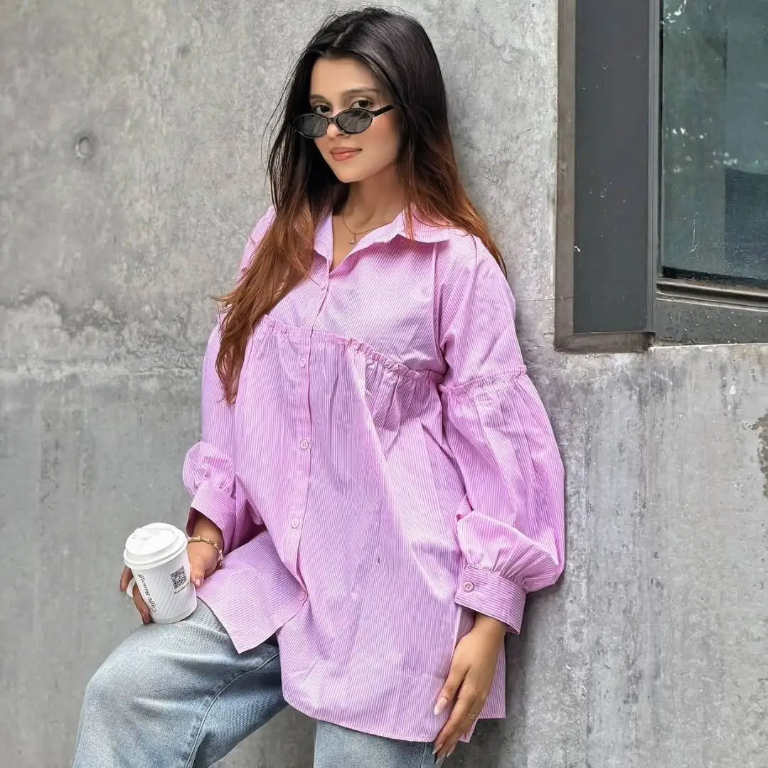 Pinstripe Gathered Shirt Pink (204)