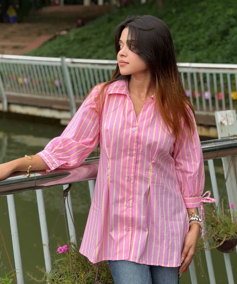 Fitted Waist Puff Sleeve - Pink Yellow Stripe (201)