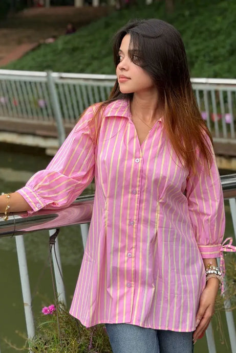 Fitted Waist Puff Sleeve - Pink Yellow Stripe (201)