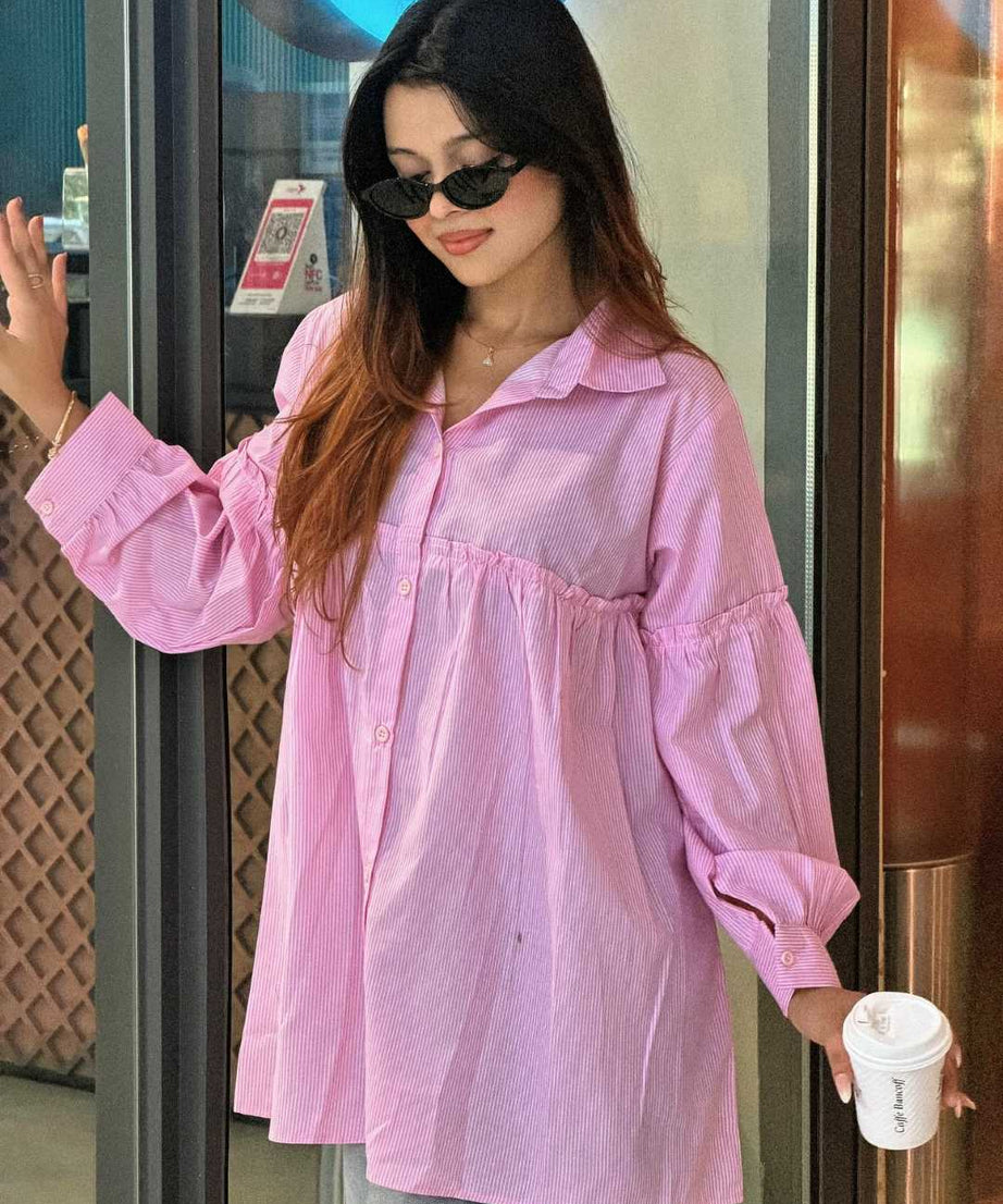 Pink Pinstripe Gathered Shirt(204)