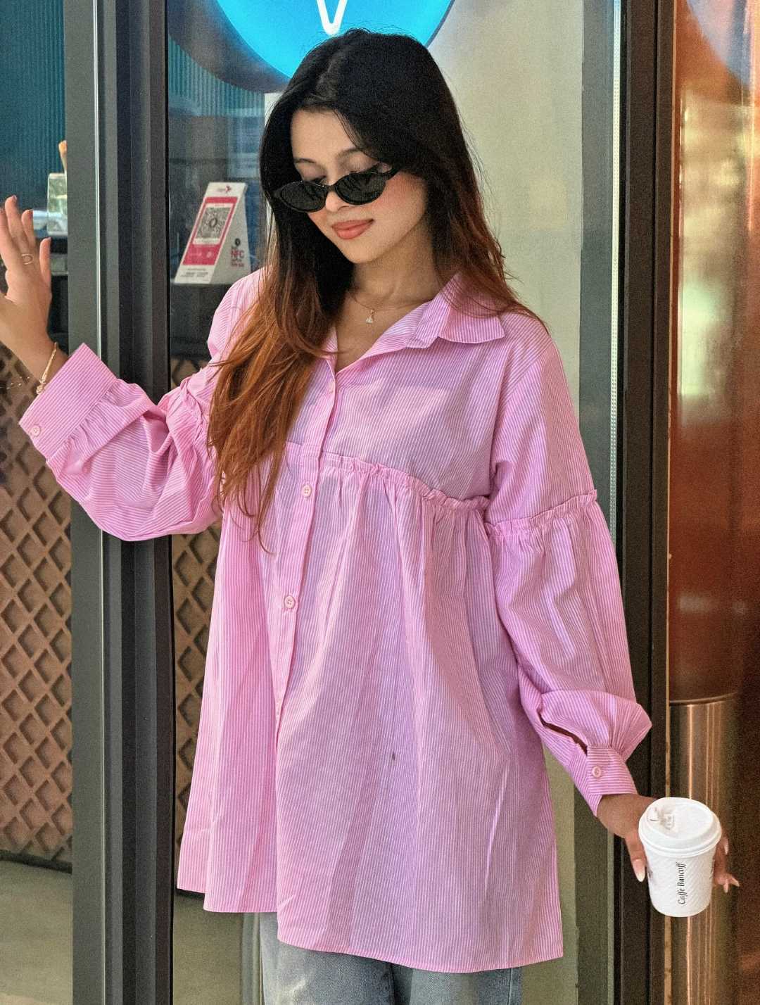 Pink Pinstripe Gathered Shirt(204)