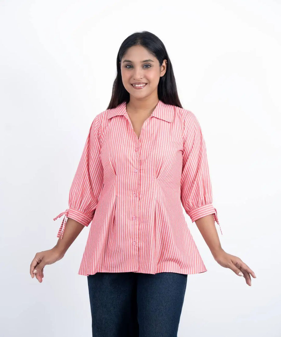 Fitted Waist Puff Sleeve -  Pink White Stripe (201)