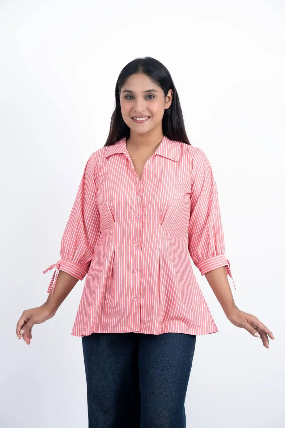 Fitted Waist Puff Sleeve -  Pink White Stripe (201)