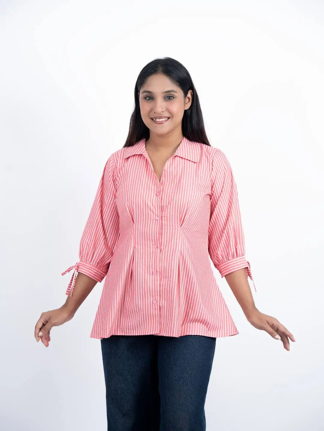 Fitted Waist Puff Sleeve -  Pink White Stripe (201)